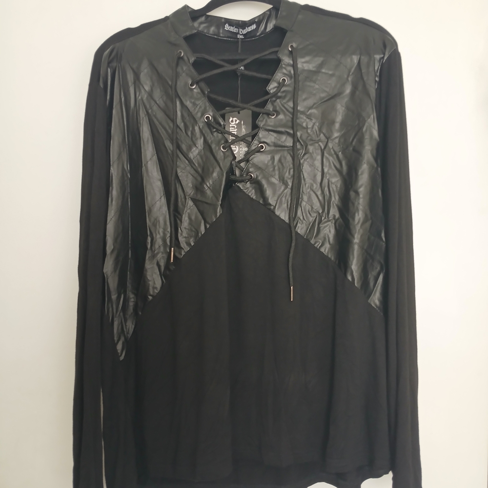 New! Scarlett Darkness Black Faux Leather & Knit Lace-Up Long Sleeve Top 2X